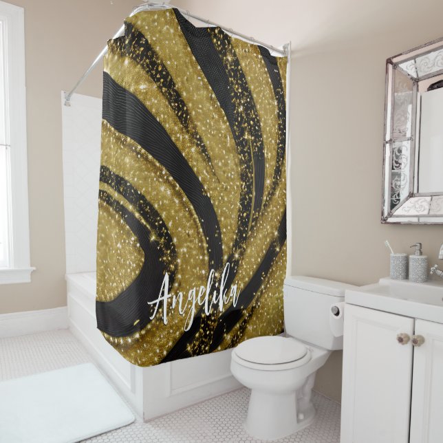 Cortina De Ducha Abstract Swirls Black and Gold Personalizado Name (In situ)