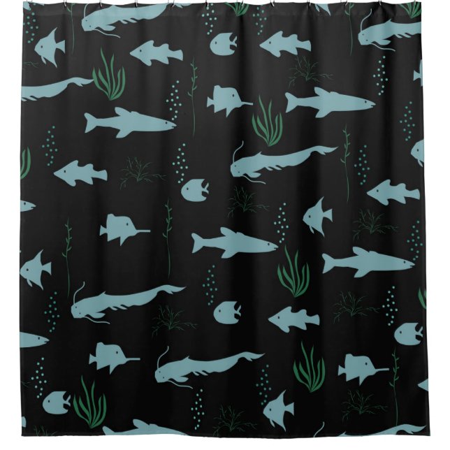 Cortina De Ducha Abstract underwater pattern with fishes and seawee (Anverso)