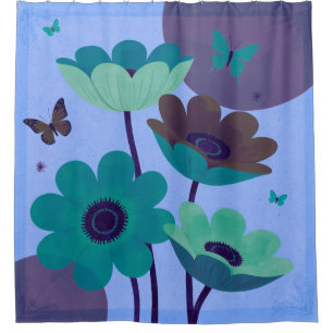 Cortina de ducha abstracta de flores y mariposas a