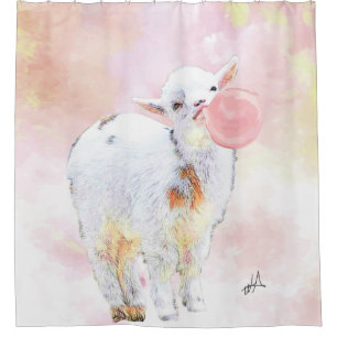 Cortina De Ducha Acuarela Adorable Baby Goat con Bubblegum