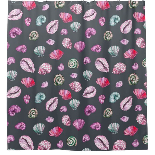 Cortina De Ducha Acuarela de conchas marinas: Patrón azul oscuro (Anverso)