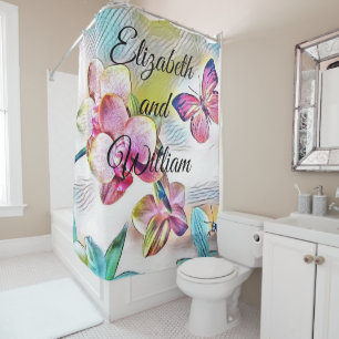 Cortina De Ducha Acuarela de época de flores de orquídeas rojas ros