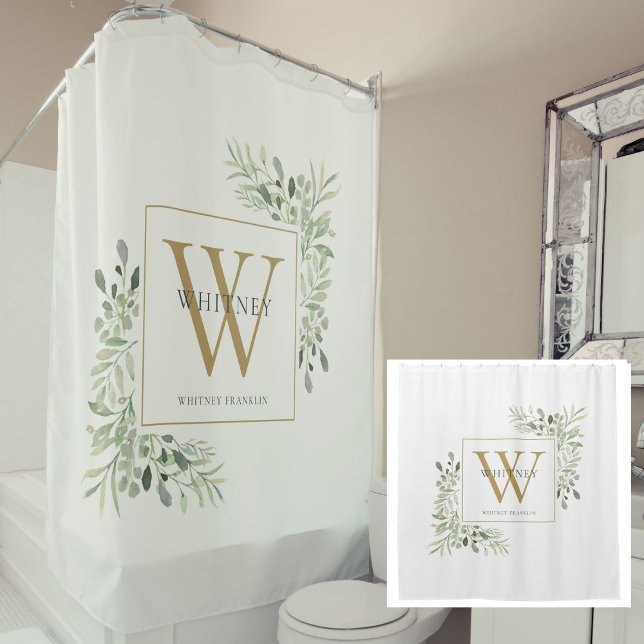 Cortina De Ducha Acuarela de greenery con monograma personalizado e (Personalized Gold Monogram Watercolor Greenery Shower Curtain)