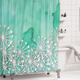 Cortina De Ducha Acuarela de menta y flores blancas