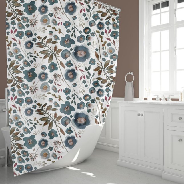 Cortina De Ducha Acuarela floral Boho (Boho Brown Cranberry Deep Blue Floral Pattern Shower Curtain from Studio Posies.)