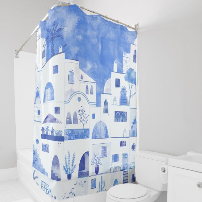 Cortina De Ducha Acuarela moderna Santorini Isla Griega (Santorini blue and white watercolor painting on a shower curtain)