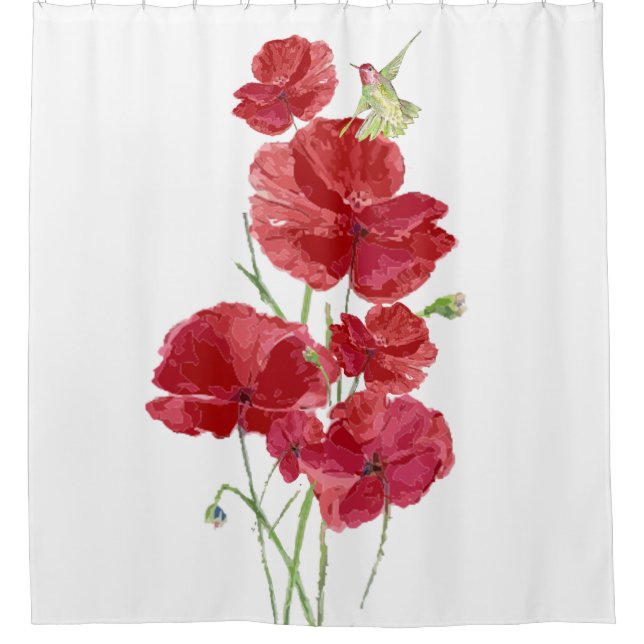 Cortina De Ducha Acuarela Rojo Poppies Flores Hummingbird Bird (Anverso)