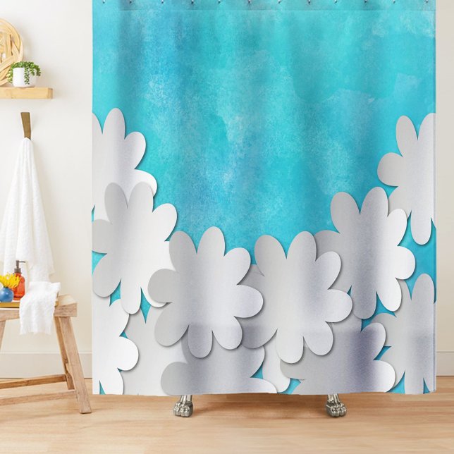 Cortina De Ducha Acuarela turquesa y flores blancas (Subido por el creador)