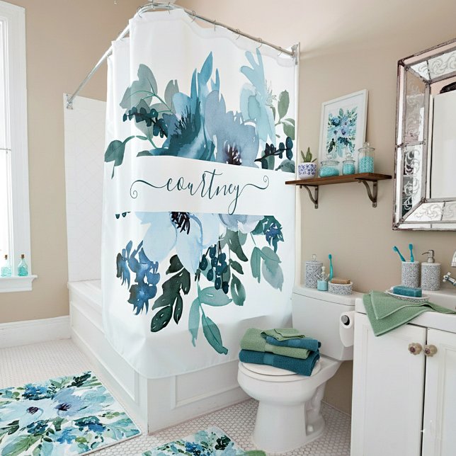 Cortina De Ducha acuarela verde azulada y azul floral personalizada (Subido por el creador)