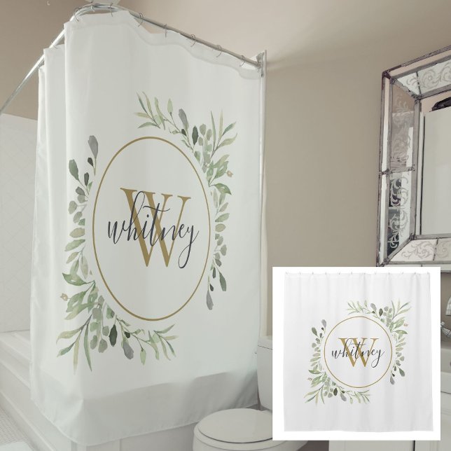 Cortina De Ducha Acuarela Verde Monograma Dorado Chic Letra (Watercolor Greenery Gold Monogram Chic Script Shower Curtain)