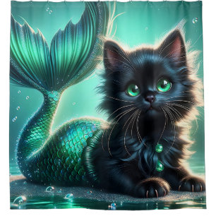 Cortina De Ducha "Adorable Gatito negro de Sirena con ojos verdes"