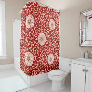 Cortina De Ducha Adorno chino rojo blanco floral de Owen Jones