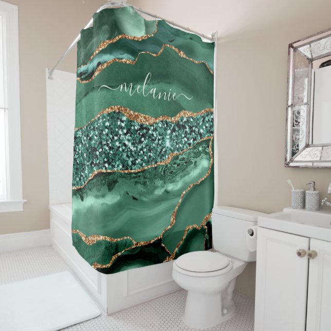 Cortina De Ducha Agate Green Gold Purpurina Geode Marble Custom Nam (In situ)
