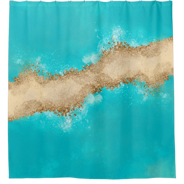 Cortina De Ducha Agato de oro metálico azul turquesa costero (Anverso)