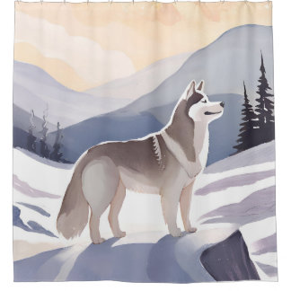 Cortina De Ducha Alaskan Husky | Dog Mountain Watercolor