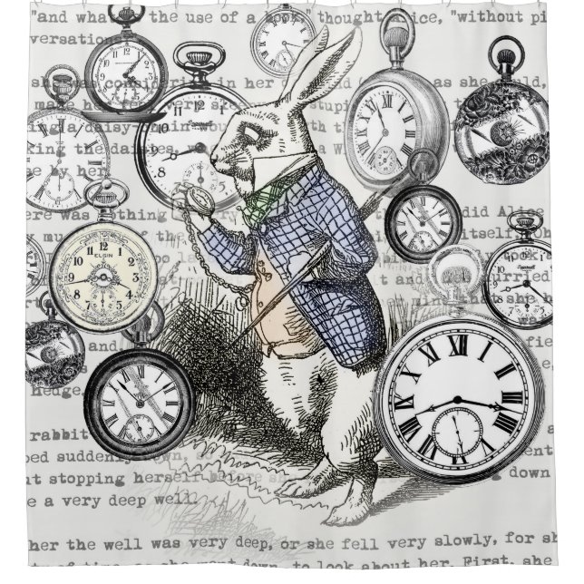 Cortina De Ducha Alicia de Conejo Blanco en Relojes de Maravilla (Anverso)