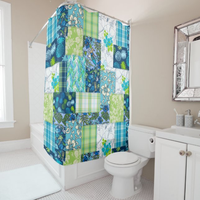 Cortina De Ducha Aloha Patchwork Impresiones Tropicales Hawaianas - (In situ)