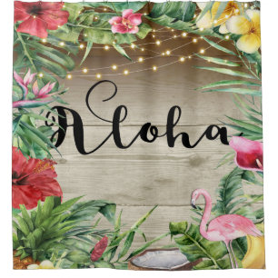 Cortina De Ducha Aloha Tropical Madera Floral Hojas y Luces Chic