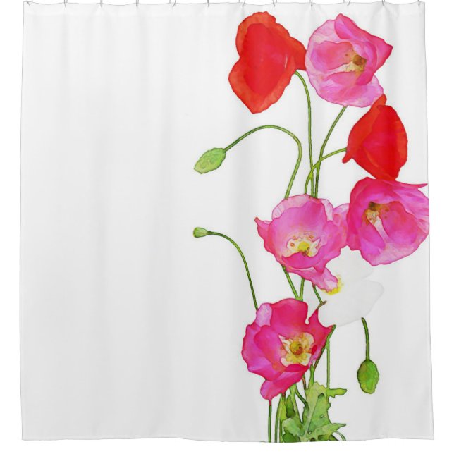 Cortina De Ducha Amapolas blancas rosadas rojas de la acuarela (Anverso)