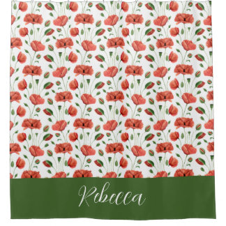 Cortina De Ducha Amaranto Rojo Acuarela Monograma Flor Silvestre