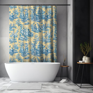Cortina De Ducha Amarillo Antiguo Toile de Jouy Francés Verde Azula