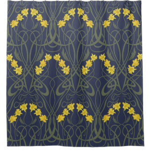 Cortina De Ducha Amarillo Art Nouveau Narcisos y Tallos Azul
