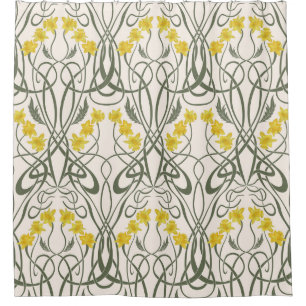 Cortina De Ducha Amarillo Narciso y Tallos Crema Art Nouveau