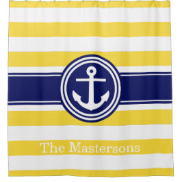 Cortina De Ducha Amarillo Piña Azul Marino Raya Náutica Ancla