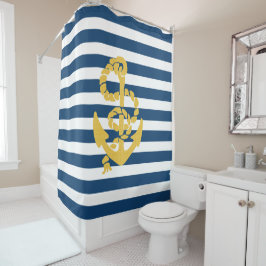Cortina De Ducha Ancla de vela amarilla de rayas blancas azules