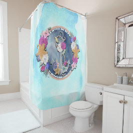 Cortina De Ducha Ancla Floral Náutica Moderna Acuarela Azul