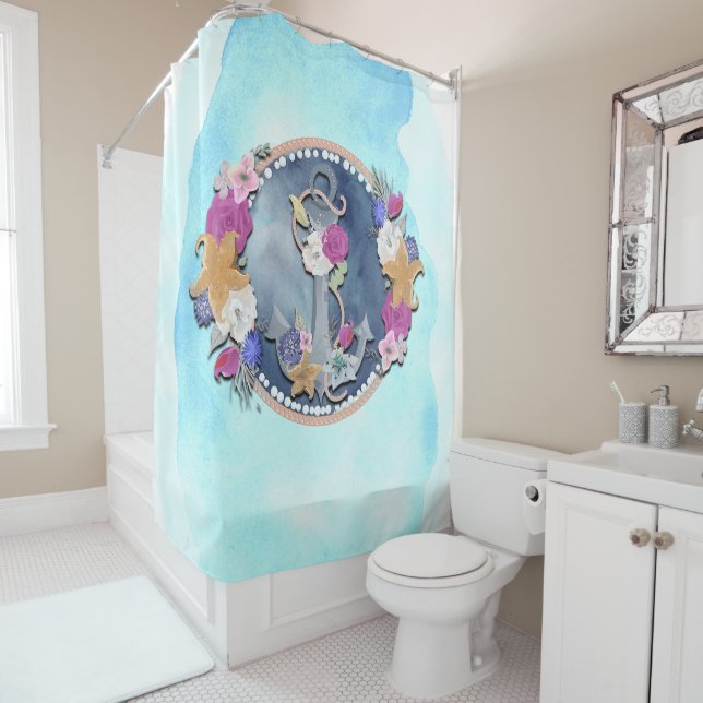 Cortina De Ducha Ancla floral náutica moderna acuarela azul (In situ)