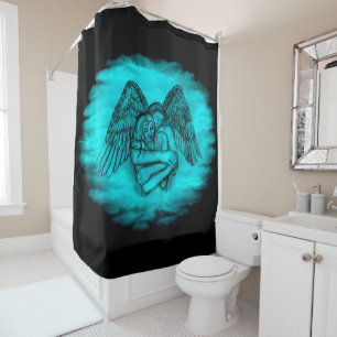 Cortina De Ducha Ángel Eros en el amor, diseño negro y verde