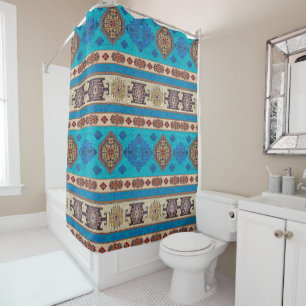 Cortina De Ducha Antiguo Aqua Blue Pale Gold Turco Kilim Rug