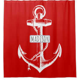 Cortina De Ducha Anuncio vintage y nombre en náutica roja