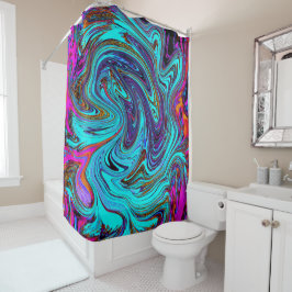 Cortina De Ducha Aqua Blue and Black Groovy Resumen de arte retro