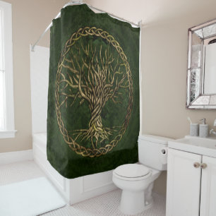 Cortina De Ducha Árbol de la vida - Yggdrasil - verde y oro
