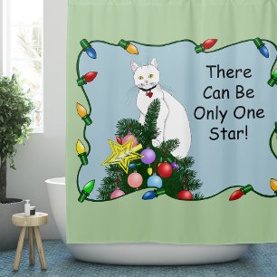Cortina De Ducha Árbol de Navidad Divertido y Festivo Gato Blanco D