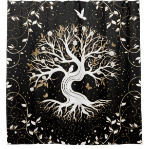 Cortina De Ducha Árbol de vida - Yggdrasil - blanco negro y oro