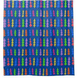Cortina De Ducha Árboles de Navidad Coloridos sobre Azul