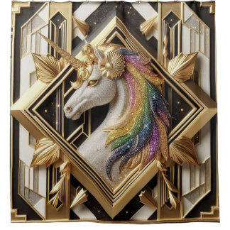 Cortina De Ducha Arcoíris Art Déco Unicornio de Purpurina Falsa