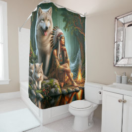 Cortina De Ducha Armonía entre indios nativos y lobos en la natural