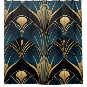 Cortina De Ducha Art Deco Azul negro y oro simétrico