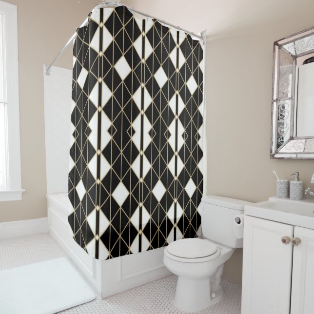 Cortina De Ducha Art Deco Black and Gold Geometric luxury (In situ)