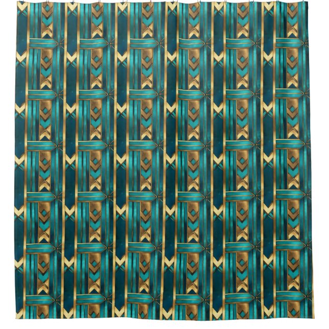 Cortina De Ducha Art Deco Geometric Arrows, Gold and Turquoise (Anverso)