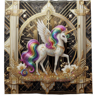 Cortina De Ducha Art Deco Rainbow Faux Glitter Unicorn