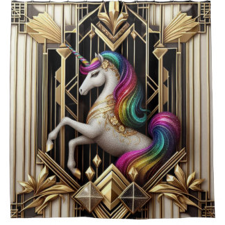 Cortina De Ducha Art Deco Rainbow Faux Glitter Unicorn