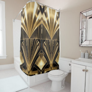 Cortina De Ducha Art Deco Sol Radiante de Oro Negro Lujo Geométrico