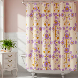 Cortina De Ducha Art Nouveau Floral en Crema y Violeta Suave 
