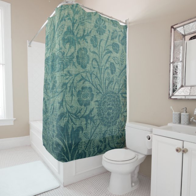 Cortina De Ducha Art Nouveau, verde azulado, estilo William Morris, (In situ)
