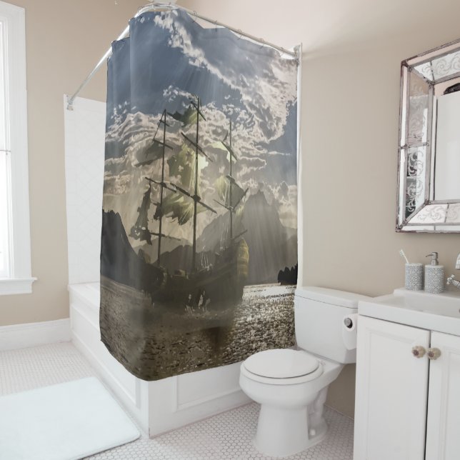 Cortina De Ducha Arte de barco pirata o grisáceo y azul (In situ)